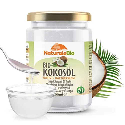 NaturaleBio Bio Kokosöl 500ml Nativ. Kaltgepresst und Rein. Kokosöl bio kaltgepresst Herkunftsland Sri Lanka. Organic Raw Virgin Coconut Oil.