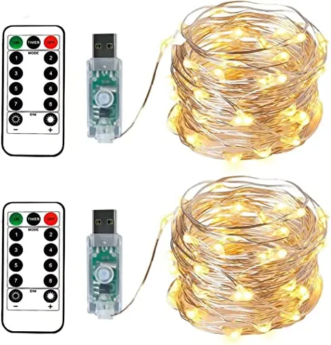 BXROIU 2 x 100LEDs Lichterkette USB 10 Meter Silbernedraht mit Fernbedienung Timer 8 Programm und Dimmen (Warmweiß), LED