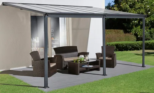 KONIFERA Terrassendach 434x300 cm - Terrassenüberdachung mit robusten Doppelstegplatten, ideal für Schutz und Komfort im Freien. Pulverbeschichtetes Aluminium sorgt für Langlebigkeit und modernes Design.
