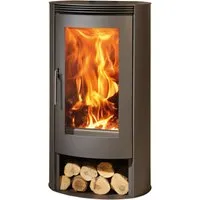 Kaminofen Panadero Delta 8 kW - Kaminofen aus robustem Stahl in elegantem Schwarz, inklusive Holzfach für praktischen Stauraum und effiziente Wärmeabgabe, ideal für gemütliche Abende.