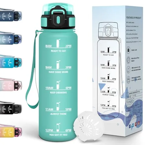 Motswedi Trinkflasche 1 Liter, Wasserflasche, Auslaufsicheres, Trinkflasche Kohlensäure Geeignet, mit Zeitstempel, Flasche, Sportflasche, für Sport, Uni, Büro & Outdoor, Fahrrad - Blau&Grün