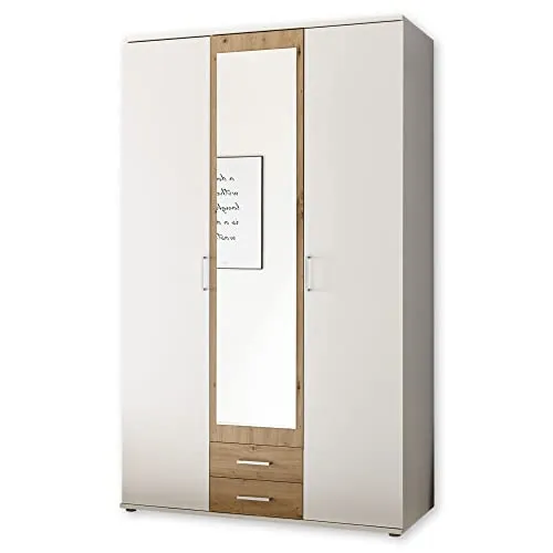 Stella Trading HANAU Kleiderschrank mit Spiegeltür - Kleiderschrank 3-türig in Weiß und Artisan Eiche Optik, mit großem Stauraum und integriertem Spiegel für eine optimale Raumgestaltung - Maße: 120 x 196 x 54 cm (B/H/T)