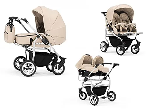 Zwillingskinderwagen 4 in 1 Duo inkl. Autositze - 13 Teile - Kinderwagen Set für bis zu 4 Jahre, mit Wanne, Sportsitzen und Autositzen. Variabel einstellbar, komfortabel dank Federung und 360° schwenkbaren Rädern.