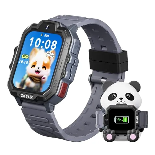 OKYUK T17 Smartwatch Kinder, 4G Kinder Smartwatch mit GPS & Videoanruf, SOS Notruf, Sprachchat, SMS, Schulmodus,Spiele & Panda-Ladestation, Kinderuhr für Mädchen und Junge (Grau)