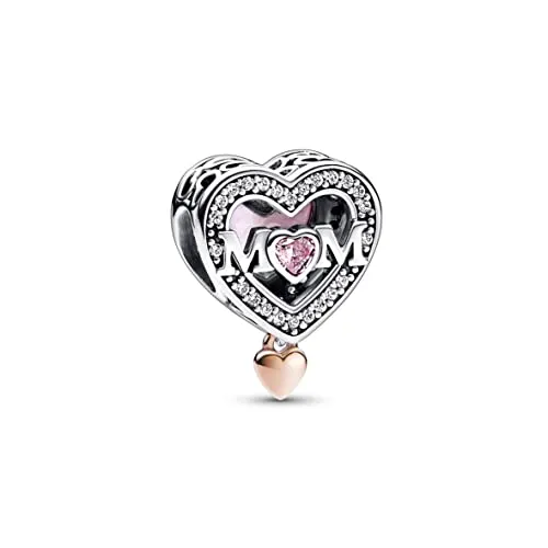 PANDORA Moments Bicolor Mum & Herz Charm mit Zirkonia - Bead Charm für Damen, offen gearbeitetes Design mit rosafarbenem Stein und graviertem Schriftzug, perfekt als Geschenk für Mütter.