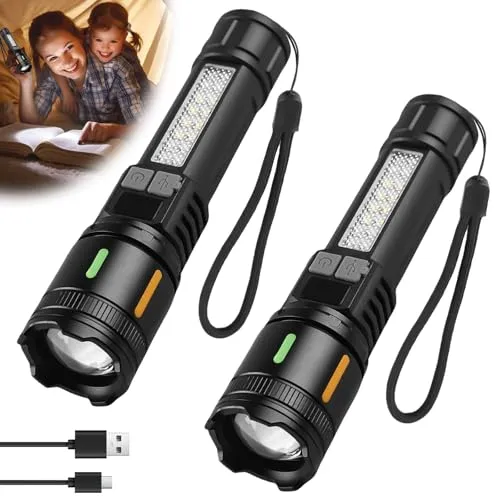 Stück LED Taschenlampe Aufladbar, Extrem Hell Taschenlampe mit Weißer Laserdocht, 5 Lichtmodi Zoombare Mini Flashlight mit Batterie, Wasserdicht Taktische Handlampe für Camping Outdoor Wandern 2
