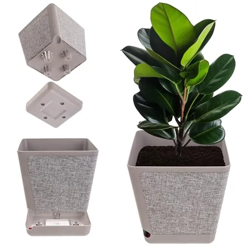 KADAX Dekorativer Übertopf, Blumentopf aus Kunststoff, Rechteckiger Pflanztopf mit Bewässerungssystem, Blumenkübel mit Selbstbewässerung und Wasserspeicher (Braune Melange 30cm)