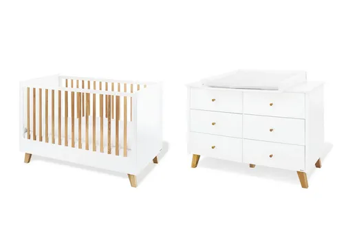 Pinolino® Babymöbel-Set 'Pan' 2-tlg. für Kinderzimmer - Trendiges 2-teiliges Möbelset im Retro-Look für das moderne Babyzimmer, inklusive einem vielseitigen Kinderbett und einer Wickelkommode mit sanften Schubkastenfunktionen, ideal für die ersten Jahre.