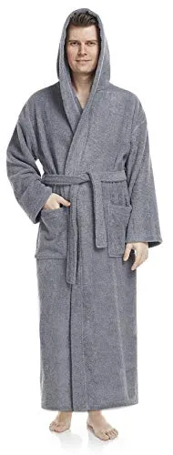 Arus Herren Bademantel mit Kapuze, wadenlang, Grau - Praktischer Herren Bademantel aus 100% Baumwolle, ideal für Sauna oder Zuhause. Mit Kapuze, zwei Taschen und in zwei Längen erhältlich. OEKO-TEX zertifiziert für hohen Tragekomfort.