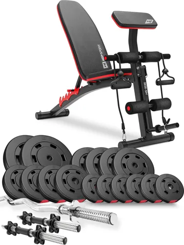 Hop-Sport Hantelbank HS-1035 - 66 KG Hantelset inkl. SZ Curlstange & Kurzhantelstange - Hantelbänke für effektives Heimtraining, inkl. 66 kg Hantelset und verstellbarer Multifunktionsbank für vielseitige Übungen.