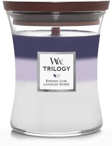 WoodWick Evening Luxe Trilogy Medium Hourglass Duftkerze 275 g - Kerzen mit geschichteten Düften von Hinoki Dahlia, Lavender Spa und White Teak für eine entspannende Atmosphäre und ein einzigartiges Dufterlebnis.
