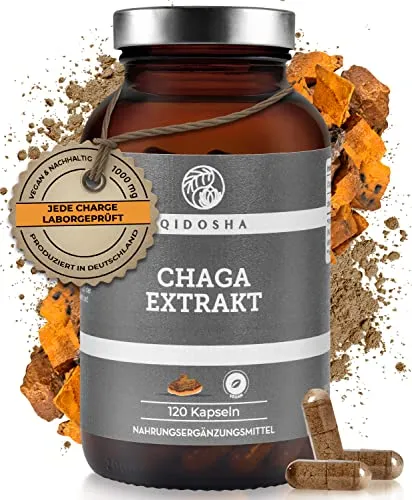 QIDOSHA® Chaga Extrakt Kapseln hochdosiert, 120 Stk - Pflanzliches Ergänzungsmittel Pilze mit 1000 mg hochdosiertem Chaga-Extrakt pro Tagesdosis, aus Wildsammlung von Birken, in umweltfreundlichem Glasbehälter ohne Plastik.