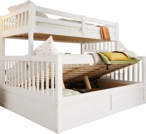 Etagenbett mit Stauraum und Rausfallschutz, 90x200cm/140x200cm - Praktisches Etagenbett für zwei Kinder mit viel Stauraum. Die obere Liegefläche bietet sicheren Rausfallschutz, während die Treppe mit Regal zusätzlichen Platz schafft. Ideal für Kinderzimmer!