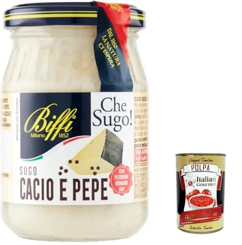 Biffi Sugo Cacio e Pepe mit Pecorino Romano DOP italienische Pastasauce 3 x 190 g Glas fertige Sauce für Pasta ohne Gluten cremig + Italian Gourmet polpa