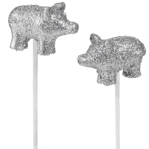 Glücksschwein Dekofigur mit Stab für Silvester und Neujahrsgestecke, 6 Stück