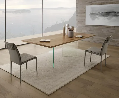 Luxuriöser Esstisch mit eleganter Holzplatte und Glasbeinen - Moderner Esstisch mit polierter Holzplatte und stabilen Glasbeinen. Ideal für stilvolles Essen mit Familie und Freunden. Maße: 250 x 100 x 75 cm, perfekt für Ihr Esszimmer.