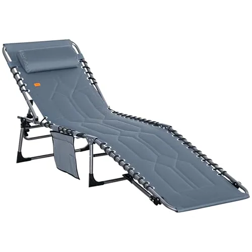 Outsunny Klappbare Sonnenliege Grau - 5-fach verstellbar - Sonnenliegen für Garten und Terrasse mit 5-stufig verstellbarer Rückenlehne für individuellen Komfort. Robustes Stahlgestell und abnehmbare Kopfstütze sorgen für Entspannung im Freien.