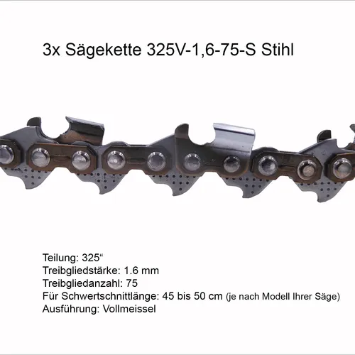 Stihl Sägeketten Rapid Super (RS) 325 1.6mm 75 TG - Set aus 3 Ketten - Sägeketten für professionelle Anwendungen, Vollmeissel-Technologie sorgt für präzise Schnitte und hohe Leistung. Ideal für 45 cm Schwertschnittlängen.