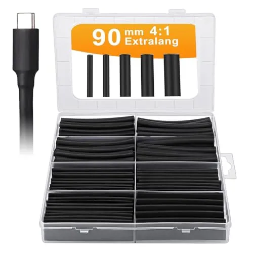 90mm Extra Lange 4:1 Schrumpfschlauch Set - Wasserdicht mit Kleber, Isolierschlauch mit 5 verschiedenen Größen Ideal für Elektrische Isolierung und Drahtverbinder（schwarz, 100 Stück）