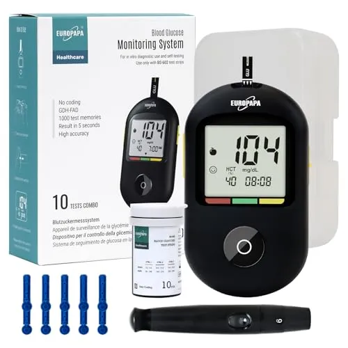 EUROPAPA Blutzuckermessgerät BG-710 - inkl. 10 Blutzuckerteststreifen und 10 Lanzetten, präzise Messungen in nur 5 Sekunden für eine effektive Diabetes-Selbstkontrolle