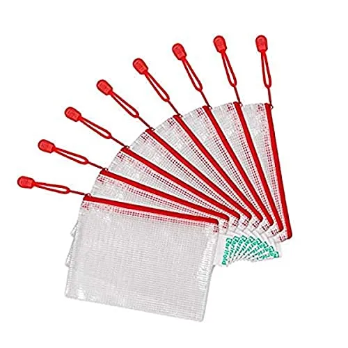 Djois, 509063 - Reißverschluss-Aufbewahrungstasche, A6, Rot, 8 Stück, Verstärkte Zipper-Beutel, Ultra-Robustes Material, Reißfest, Perfekt für Dokumente, Büro, Thematische Organisation