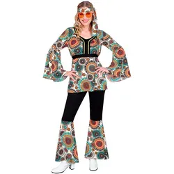 Carnival Party 3tlg. ''60er Jahre'' Kostüm in Schwarz/Bunt, Größe M - Faschingskostüme für Damen, 3-teiliges Set mit Oberteil, Hose und Stirnband - ideal für Fasching und Karneval, auffälliges Design mit Trompetenärmeln und Schlagbeinen.