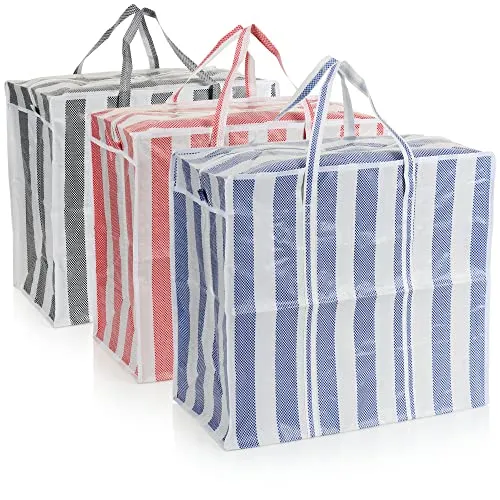 com-four® 3X Einkaufstasche Jumbo - Kunststofftaschen gestreift - XL Einkaufstüten - Strandtaschen für Badeutensilien - Shopping-Bag zum Einkaufen (rot/blau/anthrazit)
