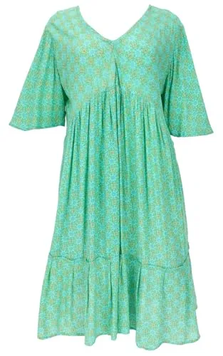 GURU SHOP Boho Kurzarm Sommerkleid - Plus Size Maxikleid für Damen - Freizeitkleid in Grün, ideal für warme Tage. Der weite Schnitt und der leichte Stoff sorgen für höchsten Tragekomfort, perfekt für große Größen.