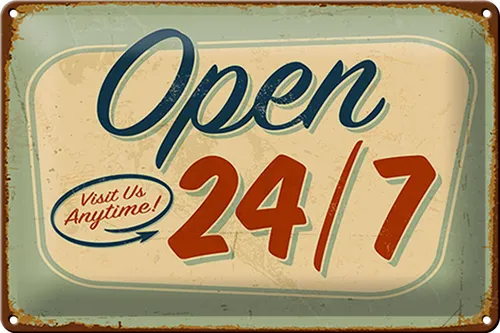 Schild Blech Retro -Made in Germany- 30x20cm open visit us anytime 24/7 Metall D