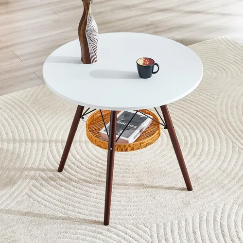 okwish Runder Couchtisch Weiß mit Nussbaum Holztischbeinen