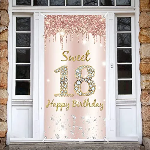 Süßer 18. Geburtsta g Mädchen Deko, Sweet 18 Happy Birthday Roségold Door Banner, 18. Geburtstag Stoff Schild Plakat Türdekoration, 18. Geburtstag Hintergrund Banner Geburtstagsfeier Dekoration