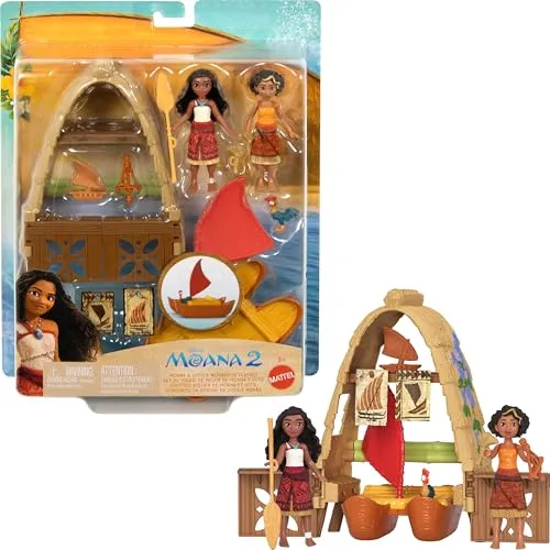 Mattel Disney Moana 2 Spielzeuge, Moana & Lotos Werkstatt Spielset mit 2 kleinen Puppen, Heihei-Figur, schwimmendem Boot & 5 Zubehörteilen