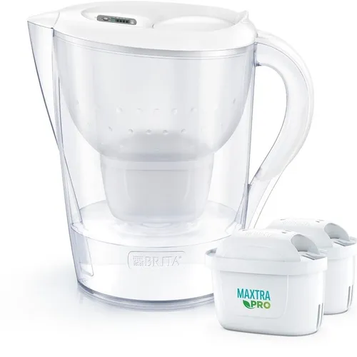 Brita Marella XL Wasserfilter inkl. 2 MX PRO - Tischwasserfilter mit 3,5 l Fassungsvermögen, bietet 2,5 l gefiltertes Wasser und hat eine praktische Filterkartuschen-Wechselanzeige für optimale Nutzung.