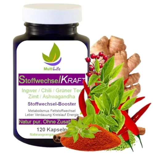 STOFFWECHSEL anregen, beschleunigen 120 Kapseln Fett- & Energiestoffwechsel ankurbeln TOP-5 Komplex: Chili, Ingwer, Grüntee, Zimt, Ashwagandha. 100% Natur pur OHNE Zusatzstoffe 27390-120