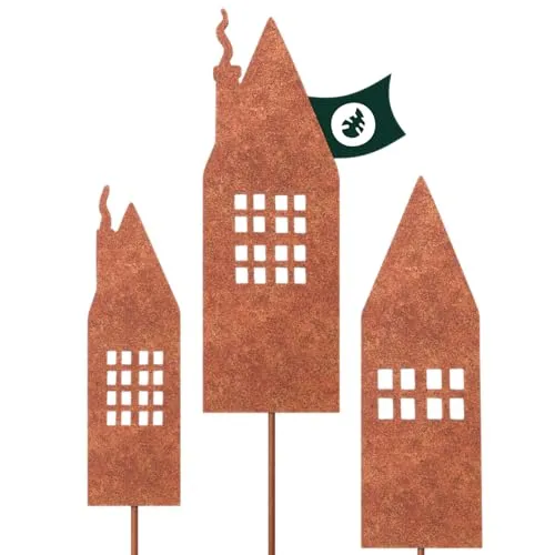 VERDOBA Häuser Gartendeko Rost - rostige Deko Häuser - Häusersilhouette Deko Garten - Gartenstecker Rost Häuser mit Rostpatina - Rostdeko Gartendeko - Rostdeko für Garten, Balkon & Terrasse
