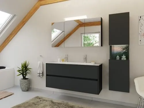 Magnolia Home Doppel-Badmöbel Set Taifun 3tlg. 120 cm in Grafit - Elegantes 3-teiliges Badmöbel Set mit Spiegelschrank und Hochschrank in stilvollem Grafit, ideal für eine moderne Badgestaltung.