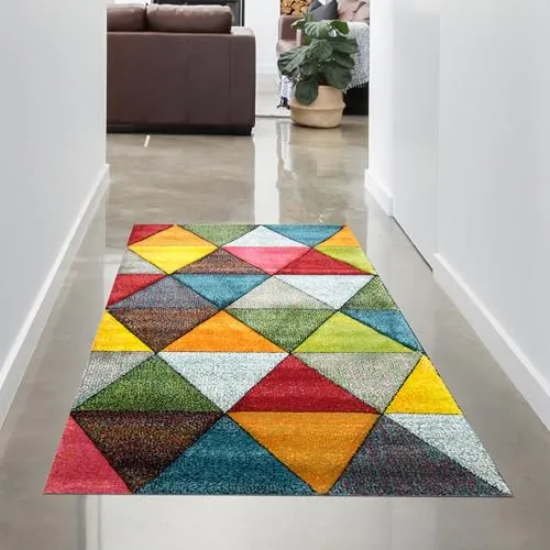CARPETIA Teppich Wohnzimmer Teppich mit modernem bunten Dreiecksmuster Design orange grün rot