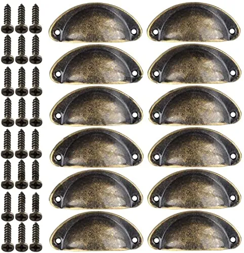 Nothers 12 Stücke Muschelgriff Schubladen Griffe Antik Vintage Griffe Bronze Schrank Schubladengriff mit Schrauben 82 x 35 mm für Kabinett Schubladen Schrank Apothekerschrank