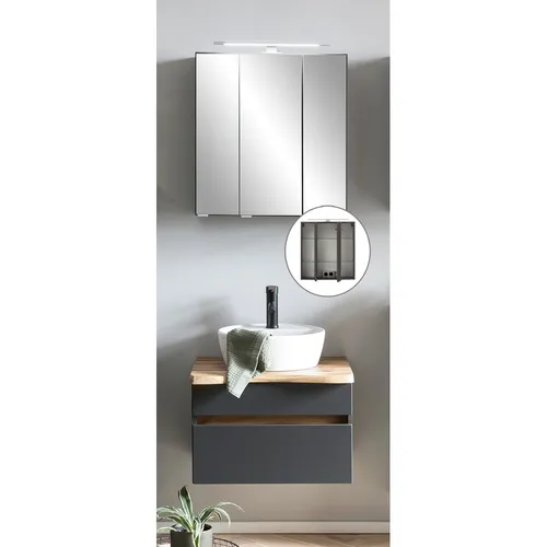 Bad Badezimmer Waschtisch Spiegelschrank Waschbecken LED grau 61 cm Waschplatz