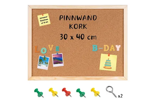 Creative Deco Große Kork Pinnwand - Praktische Pinnwand (40x30 cm) aus Kork, ideal zum Organisieren von Notizen und Erinnerungen, inkl. 5 Pinwandnadeln für sofortigen Einsatz.