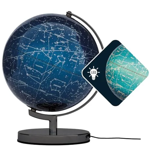 TROIKA Globus TERRA LIGHT - Beleuchteter LED Globus mit Sternkarte - Lehrmaterial Globen: 25 cm Durchmesser, drehbar auf verchromtem Metallfuß, ideal als stilvolle Raumdekoration und pädagogisches Werkzeug.