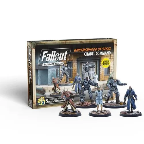 Fallout Wasteland Warfare Brotherhood of Steel Citadel Command MUH0190803 - Strategisches Miniaturenset mit 5 unbemalten Resin-Miniaturen, ideal für Fallout: Wasteland Warfare. Enthält Elder Lyons und seine wichtigsten Anführer, perfekt für spannende Taktikspiele im postapokalyptischen Setting.