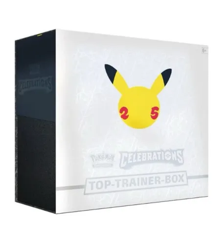 Pokemon Top Trainer Box Celebrations - Deutsch mit Acryl Schutzbox - TCG OVP Displays, exklusive Top Trainer Box zum 25. Pokémon-Jubiläum mit Pikachu und Glurak, ideal für Sammler und Spieler ab 6 Jahren.
