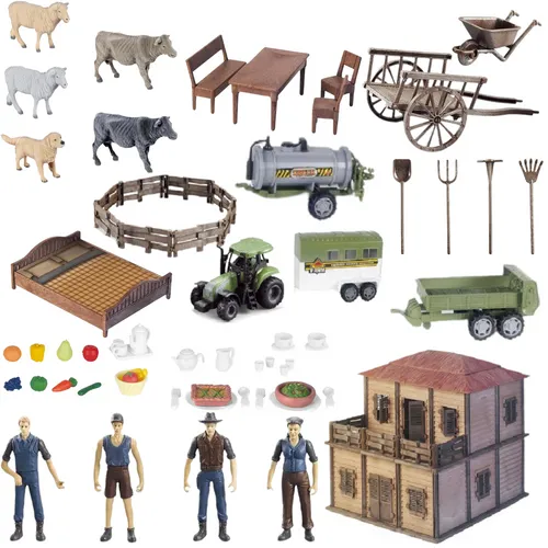 Bauernhof-Set mit Bauernhaus, Bauernhof, Tieren, Magd, Werkzeug