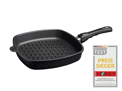 AMT Gastroguss Eckpfanne 28 x 28 cm, 5 cm hoch, mit BBQ-Boden, abnehmbarer Stiel, nicht induktionsgeeignet, Lotan® Antihaft-Veredelung, Gusspfanne (Aluguss), AMZN-E285BBQ-Z20B