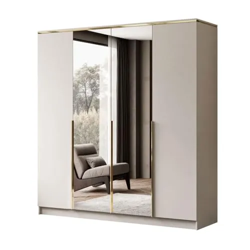 Drehtürenschrank AURORA 4D mit Spiegel und Gold Chrom Griffen – Kaschmir - Eckkleiderschrank mit minimalistischer Eleganz und großzügigem Stauraum, inklusive Spiegel zur optischen Raumvergrößerung und einem stilvollen goldenen Akzent.