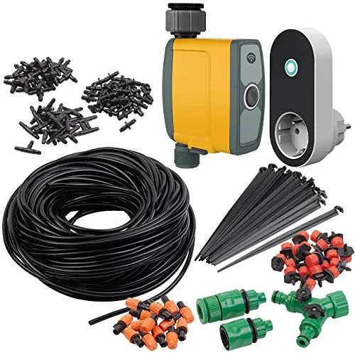 136-teiliges Pflanzen-Bewässerungs-Set mit WLAN-Bewässerungsuhr - Micro-Drip-Bewässerungssysteme, effiziente Tröpfchenbewässerung für präzise Pflanzenpflege und Zeitersparnis dank WLAN-Steuerung.