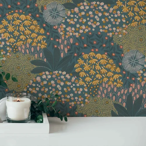 A.S. Création Blümchentapete Nara 387404 - Premium Vliestapete in bunten Petrol- und Gelbtönen, ideal für Wohnzimmer und Schlafzimmer. Made in Germany, matt und leicht strukturiert für eine stilvolle Atmosphäre.