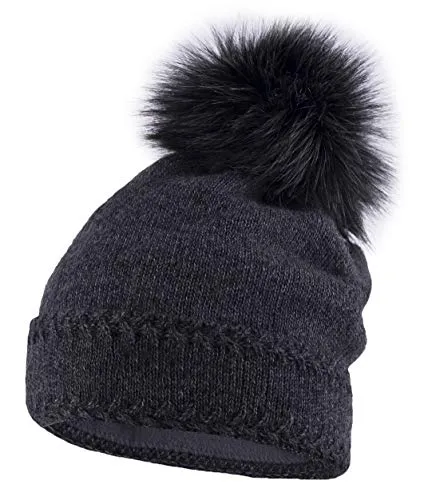 Neverless® gefütterte Damen Strickmütze mit Fell-Bommel und Fleece Futter, Winter-Mütze, Bommelmütze grau