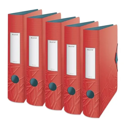 Leitz Qualitäts-Ordner 180° Active, 5er Pack, Rot - Ordner für A4 Dokumente mit 180°-Öffnungsmechanik für einfaches Abheften, ideal für Büro und Schule. Gummibandverschluss sorgt für sicheren Transport.